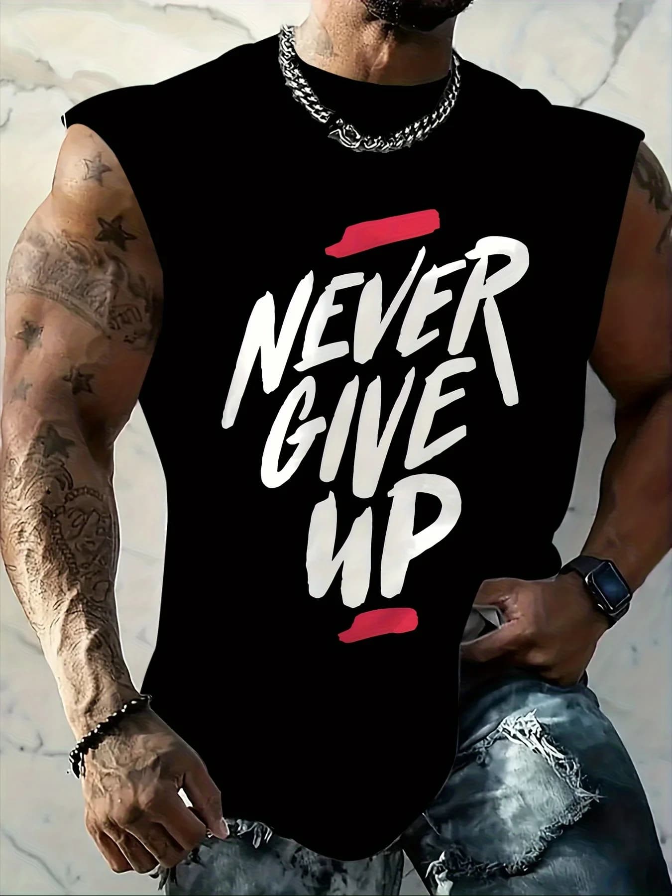 Men's Canotta with Inspired Print "Never Give Up" - Breathable Summer Canotta and Sleeveless Elastic for Fitness and Basket Training
