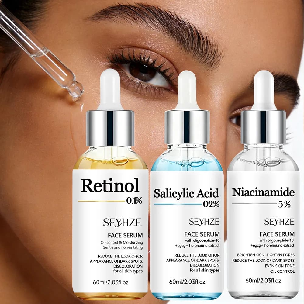 SEYHZE 1Bot SalAcid&Retinol Serum 3pcs Set w/ Niacinamide+Collagen Ceramide Aloe+Centella Brighten&Firm Sensitive 24H Hydrate Ev