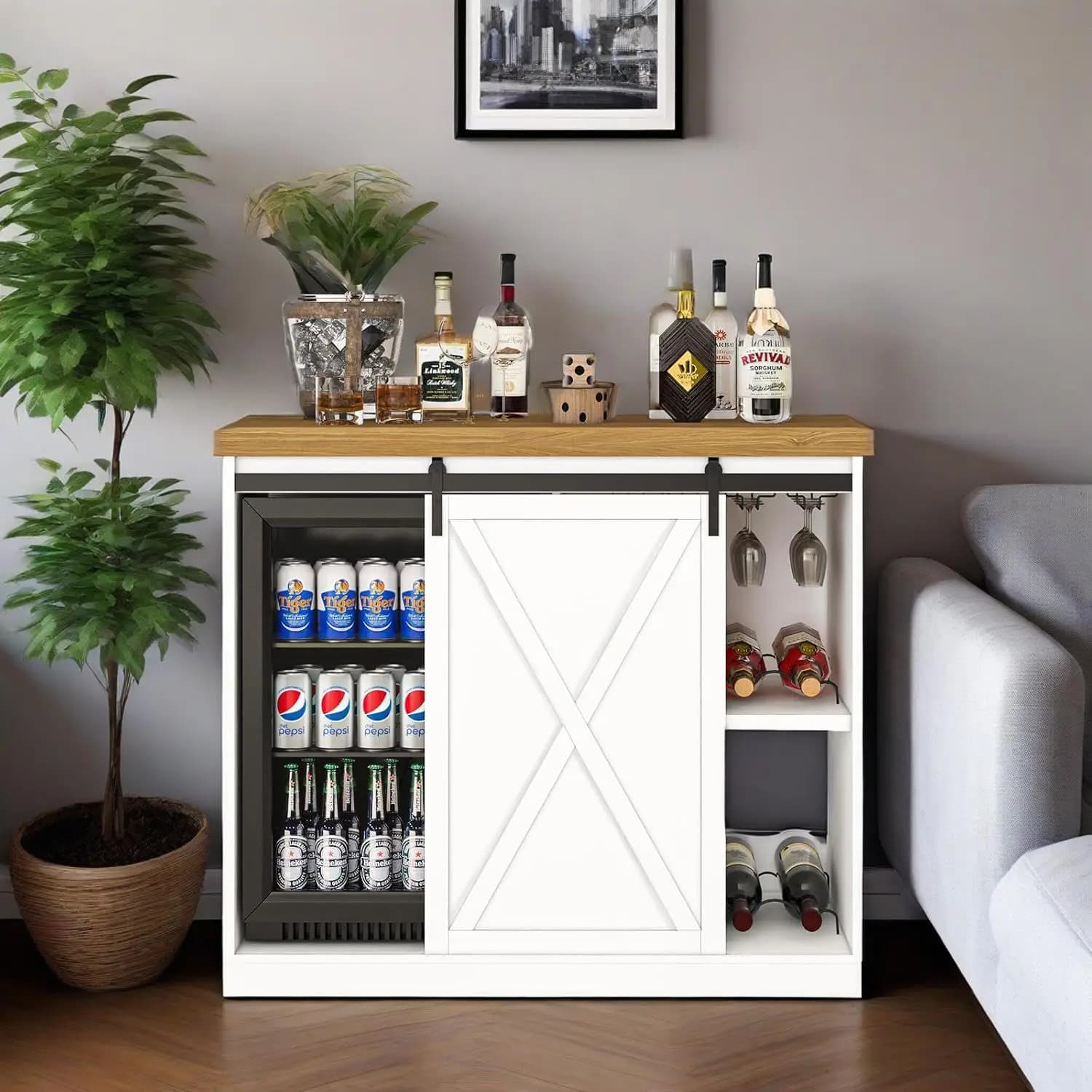 Mobile Bar Customizable with Refrigerator, Bottle Holder Style Farm with Current Stove for Kitchen, Dining Room and Living Room