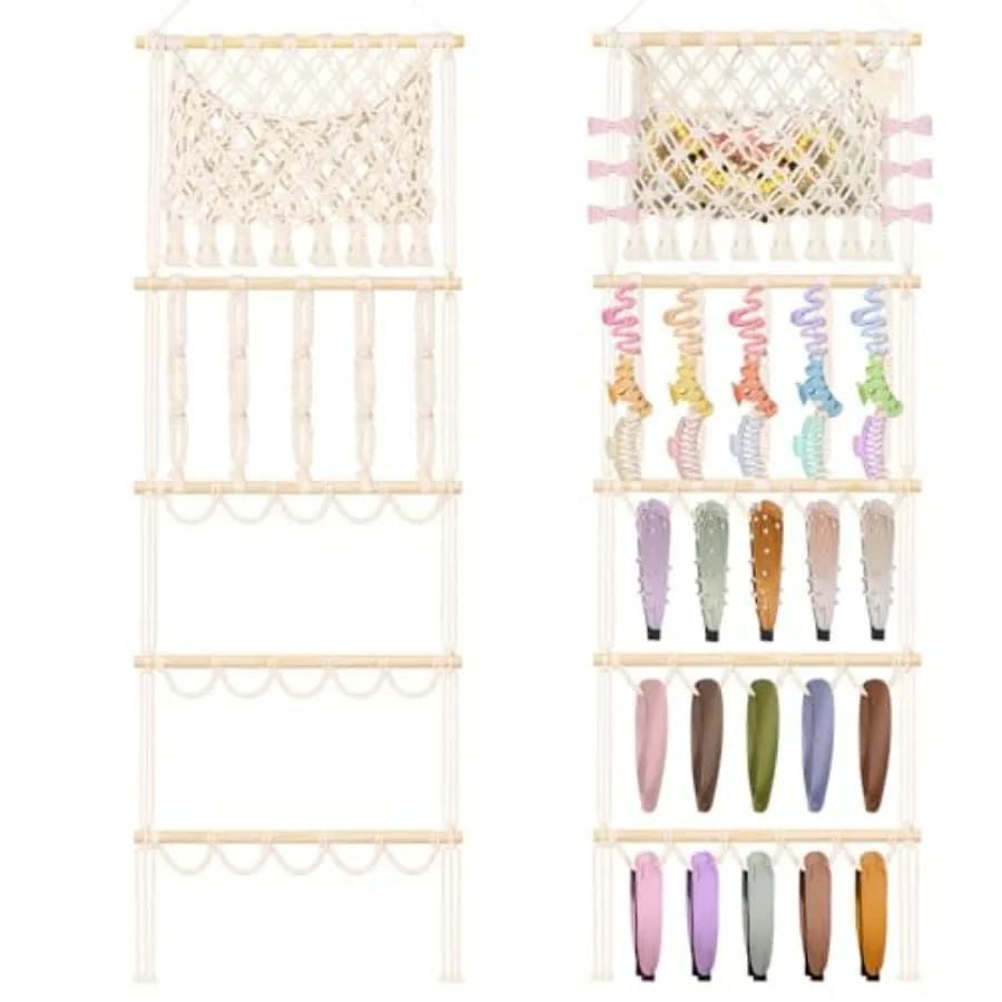 Headband Holder Hair Bow Organizer for Women, Macrame Bow Holder Hair Accessories Organizer Claw Clip Storage Large Capacity Wa