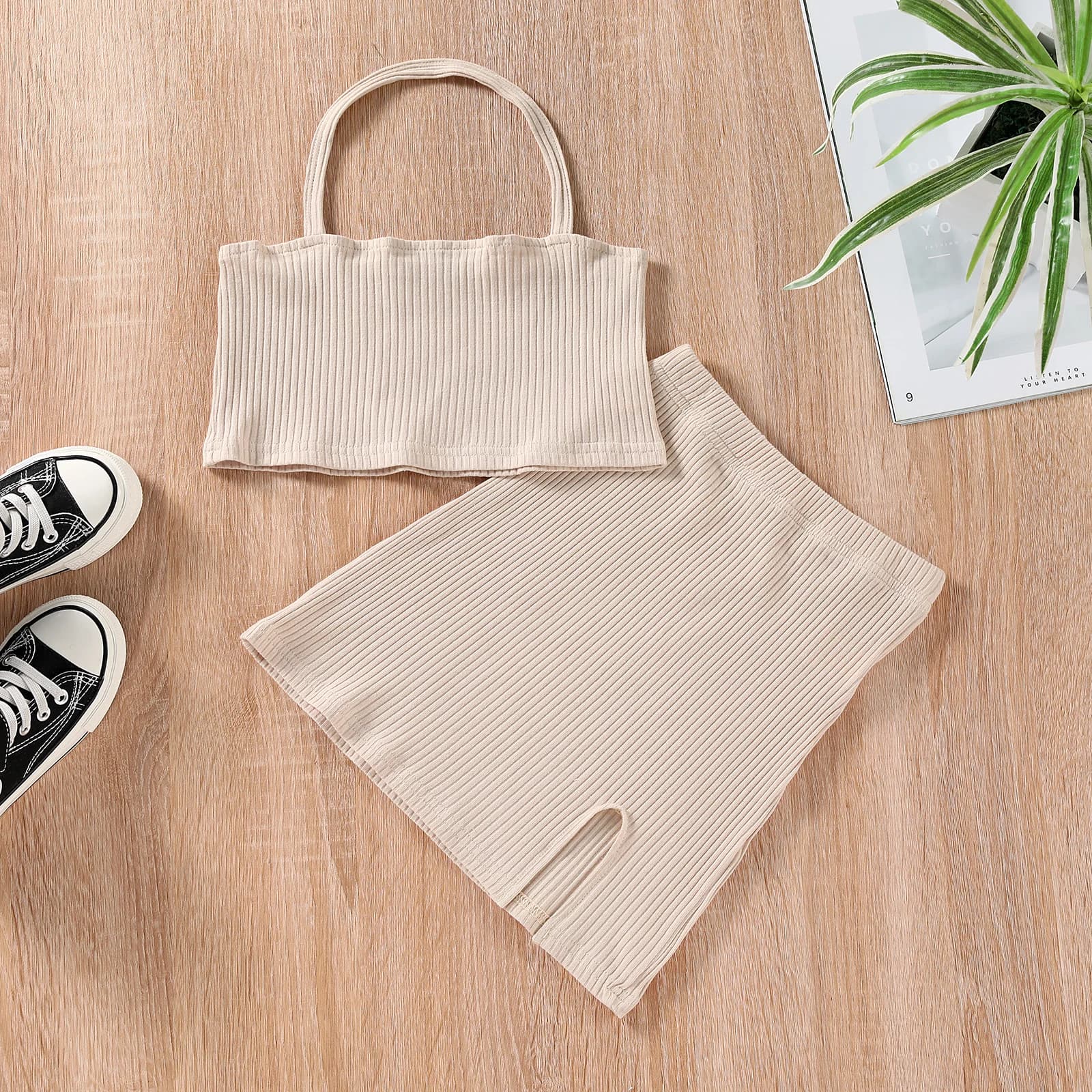 2Pcs Kids Summer Outfits Solid Color Ribbed Halter Neck Sleeveless Crop Tops + Short Slit Skirts for Girls