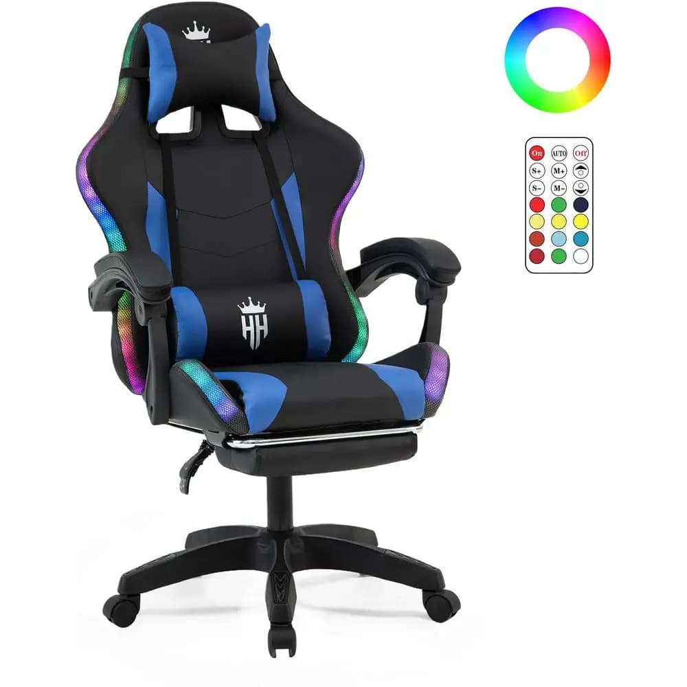Sedia da Gaming Ergonomica con LED, Reclinabile, Supporto Lombare e Braccioli Regolabili per Casa o Ufficio