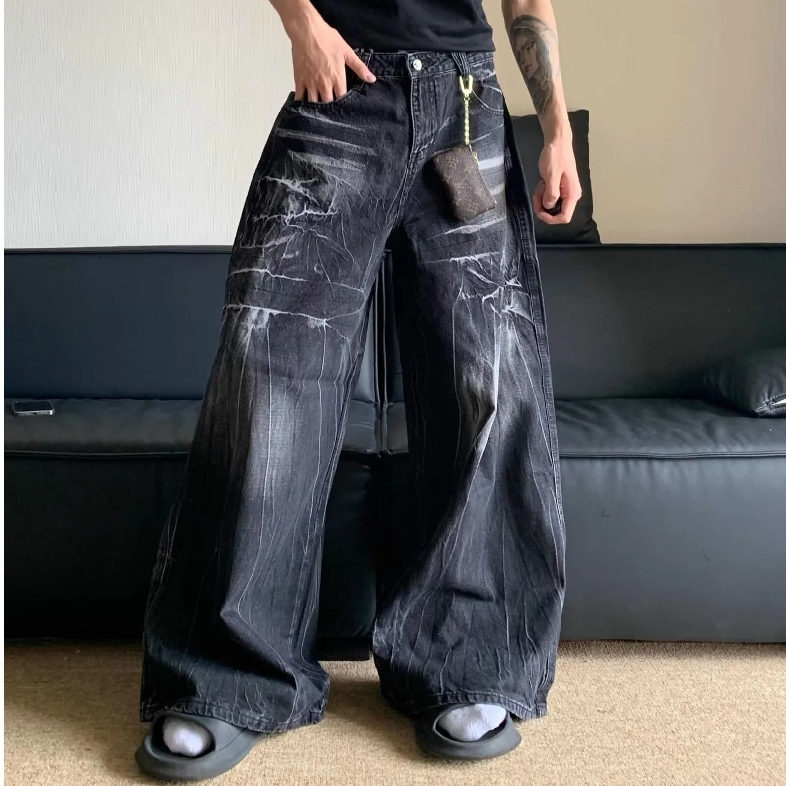 American high street vibe washed distressed jeans boys trendy loose straight wide leg floor mopping trousers