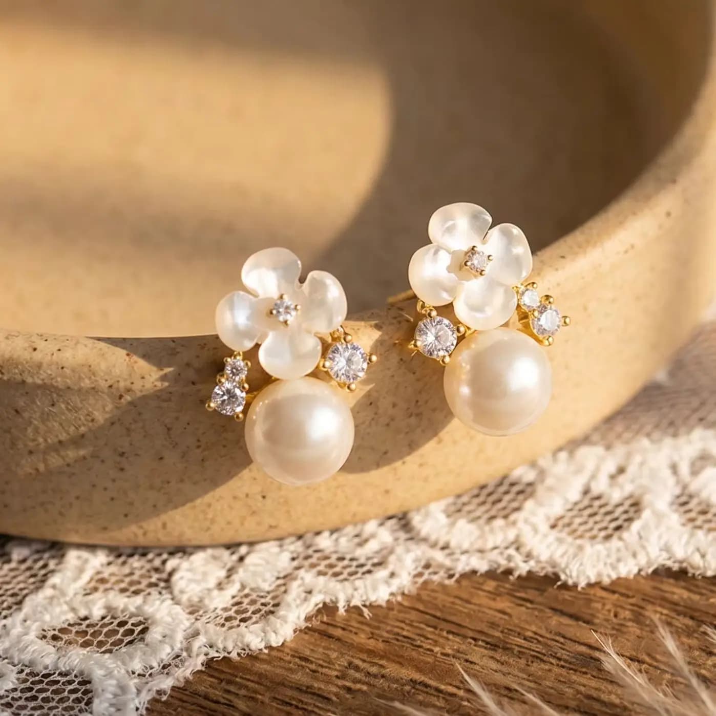 Pearl Cherry Blossom Flower Stud Earrings & Necklace Set for Women Minimalist Cute Fashion Zircon Jewelry Plant Accessories