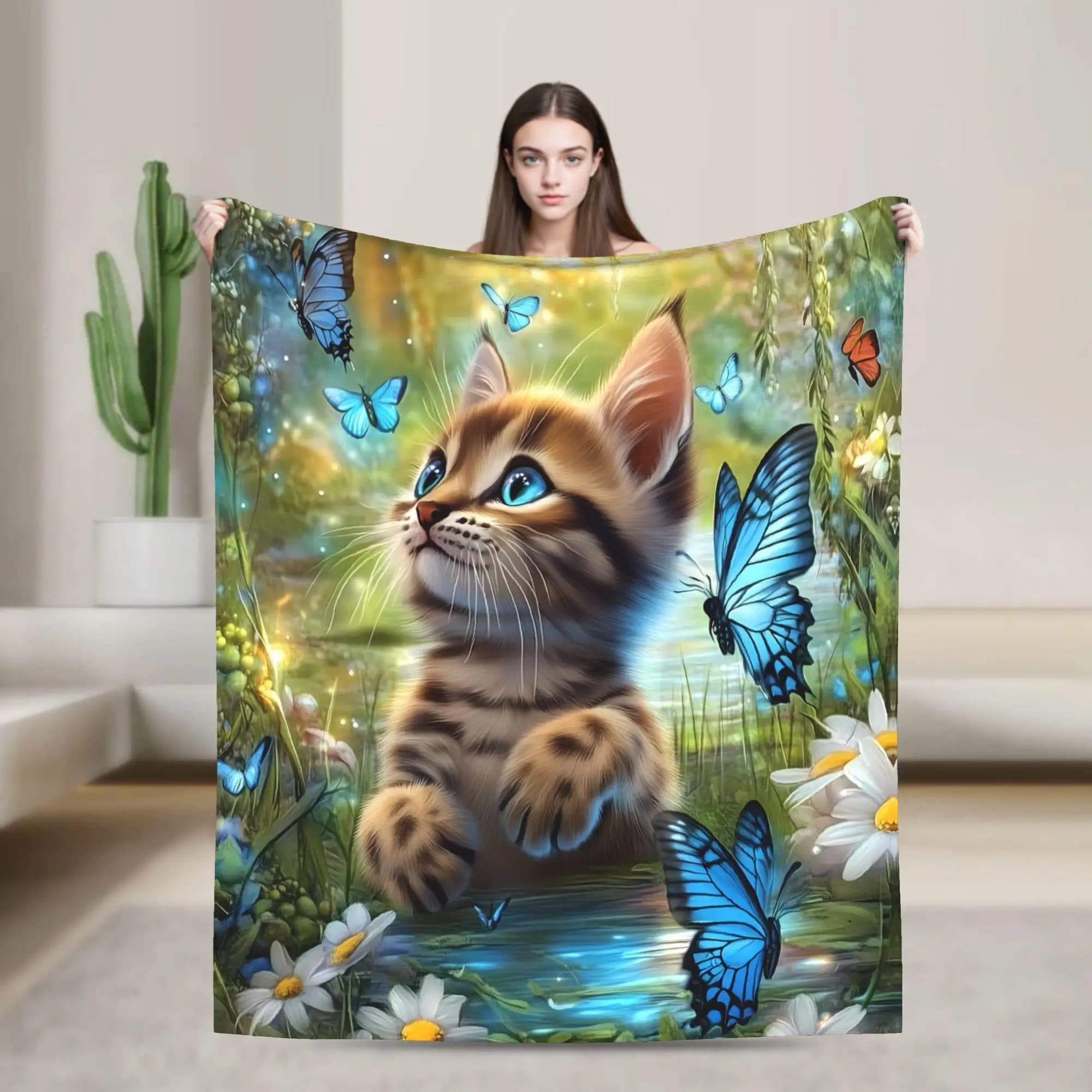 Modelli moderni di gatti e farfalle Coperta stampata in flanella adatta a tutte le stagioni adatta per i viaggi del divano dell'ufficio del soggiorno