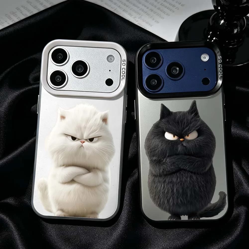 Black White Cat Cartoon Phone Case For iPhone 17 Air 16 15 14 13 12 Mini 11 Pro Max Plus Shockproof Plating Matte Cover