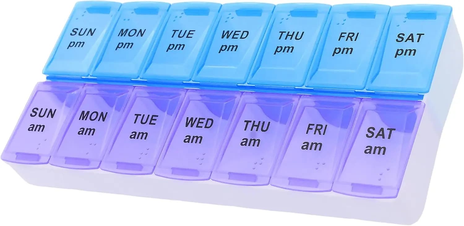 Organizzatore di pillole AM PM per 7 giorni, grande portapillole per vitamine e integratori, viola/blu