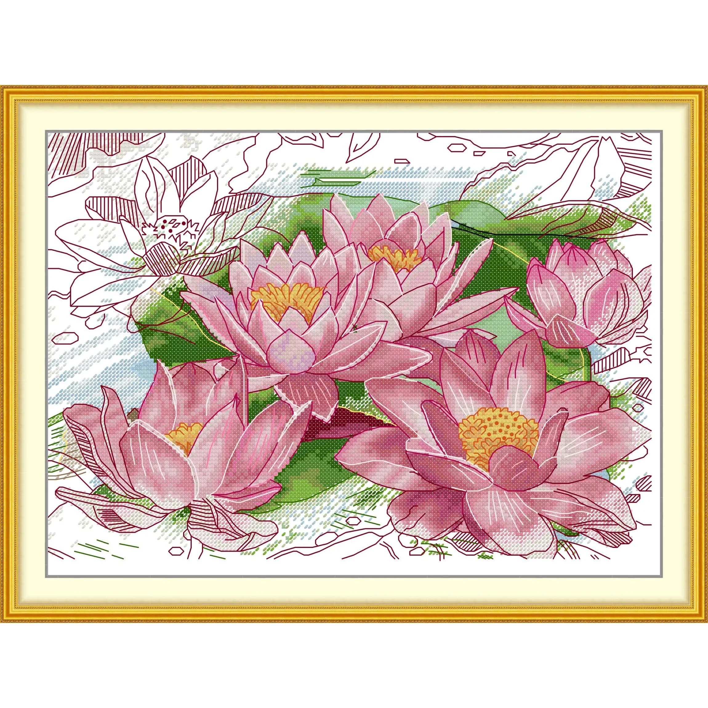 News Pre-Printed Cross Stitch Kit, Stamped Aida Fabric With DMC Threads, Embroidery Kit - Pink Lotus