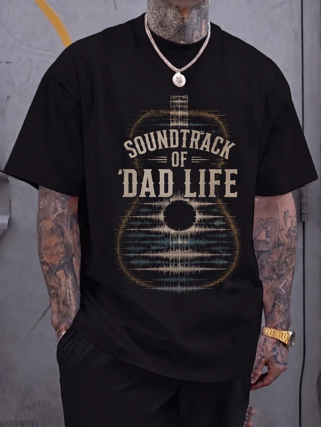 T-Shirt Grafica da Uomo a Maniche Corte, 50% Cotone 50% Poliestere, Tessuto Elasticizzato, Stampa Grafica 'Dad Life' e 'Wave Sonora della Chitarra', Casual Estivo