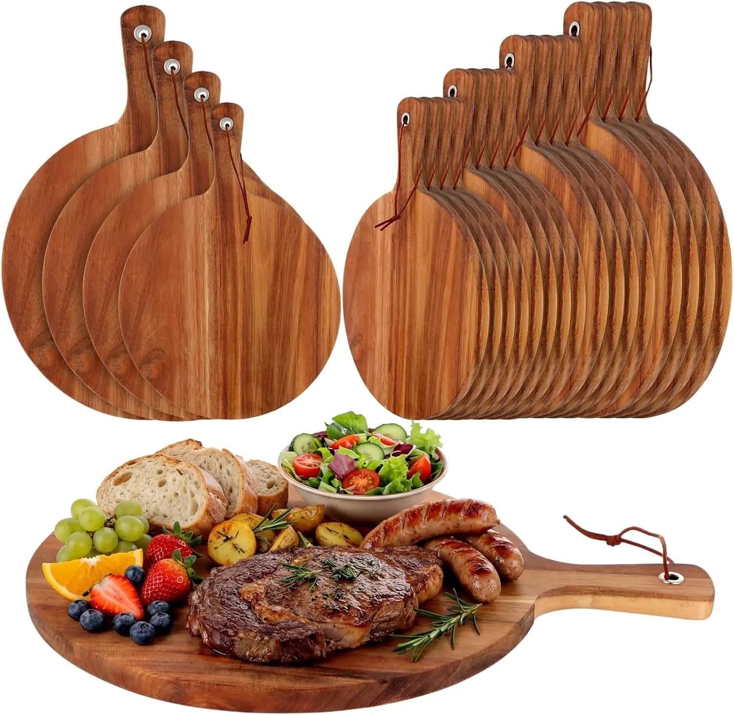 Set of 20 round cutting boards in Acacia wood with Handle, Mirrors, Large, for Cold cuts and Cold cuts, Cutting set for Professional Use