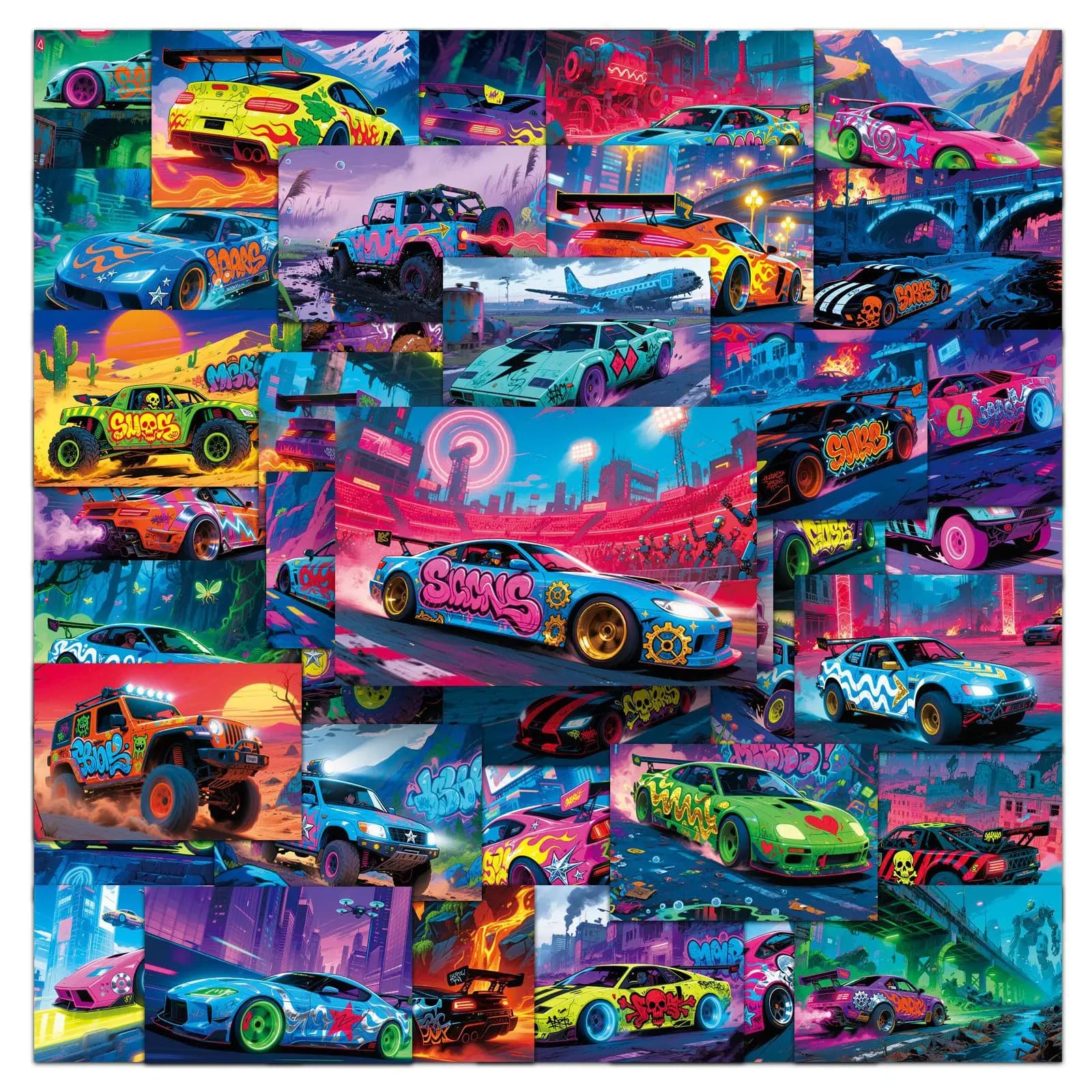 50 Pezzi Adesivi Cyberpunk per Auto da Corsa, Decalcomanie in Vinile Graffiti per Casco, Bagagli, Bici, Carrozzeria e Skateboard, Stile Street Art Cool