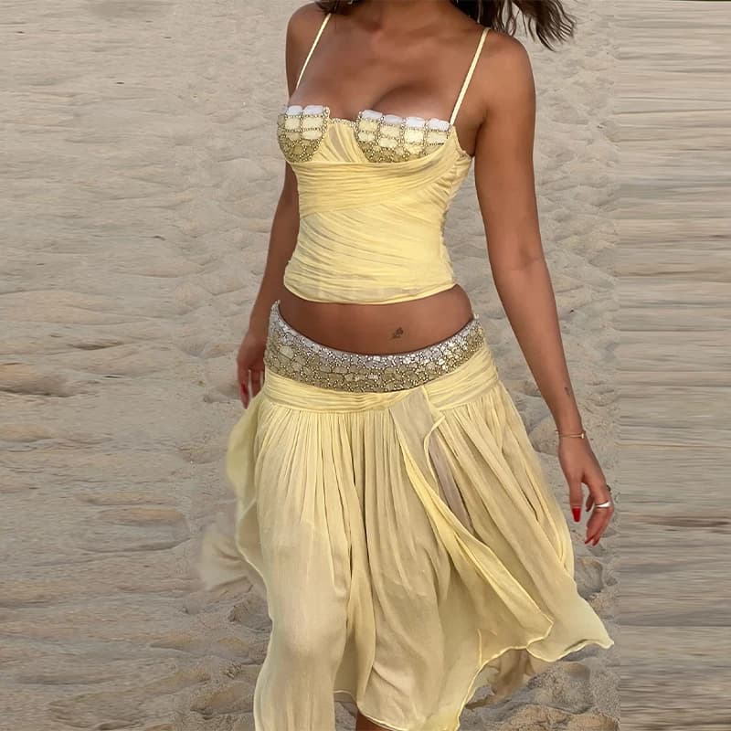 Complete Sexy Chiffon Women's Dress with 2 Pieces 2026: Top Corto Irregular Elegant and Ribbed Gonna with Seillettes, Perfect for Beach Party