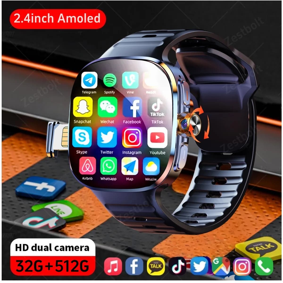 M99 Smartwatch Amoled Screen Larger from 2.4 inch Smart watch with 12 panel menu with 190 ° Rotating camera Battery 2100Mah Operating system Android 10.0