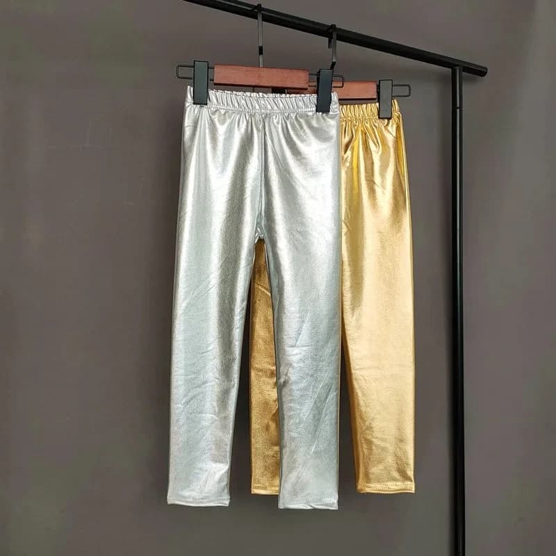 Leggings Aderenti per Bambine, Pantaloni Punk Lucidi Oro e Argento per l'Autunno, Pantaloni per Bambini e Ragazzi