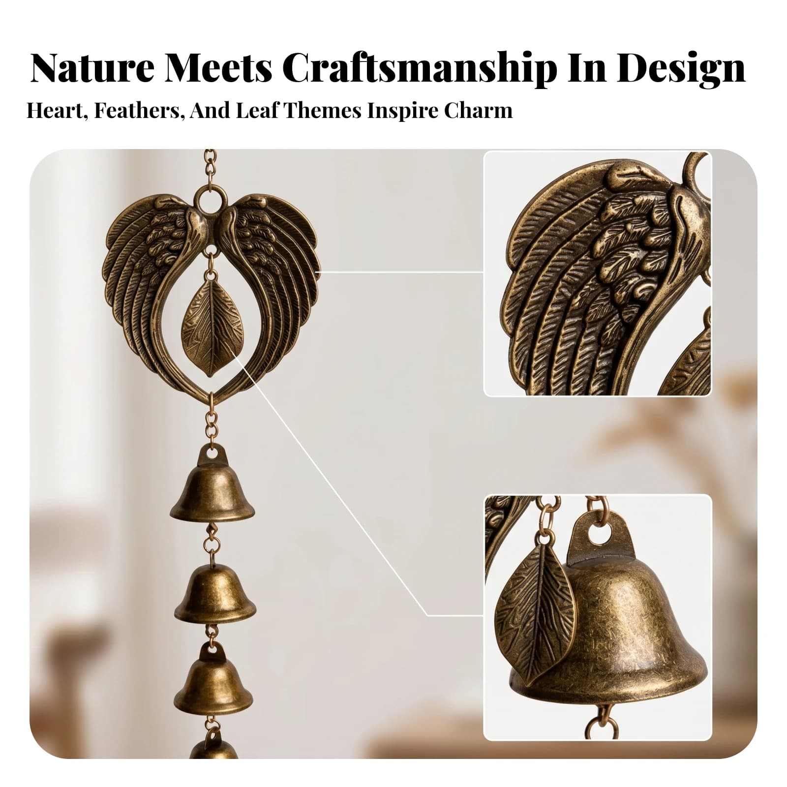 Angel Wing Wind Chime Bronze-Toned Leaf Center Chime Metal Angel Ornament Decorative for Garden