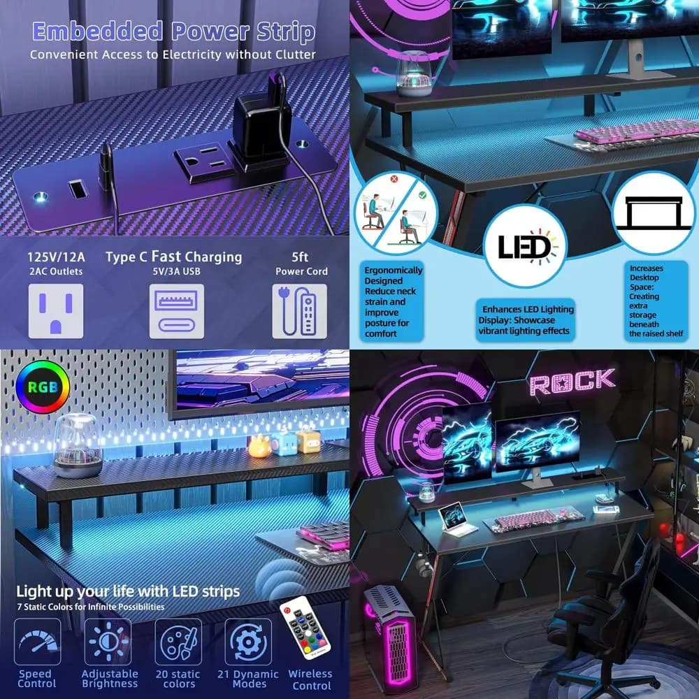 Scrivania da gioco da 40 LED in fibra di carbonio illuminata con prese di corrente, supporto per monitor e gancio per cuffie per la configurazione di giochi per PC