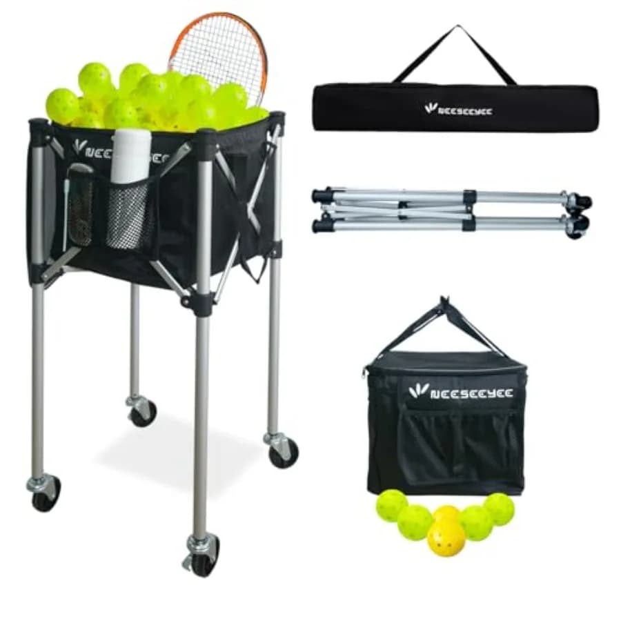 Cesto Portatile per Palline da Tennis con Ruote, Contiene Fino a 160 Palline per Racquetball, Pickleball, Baseball, Badminton