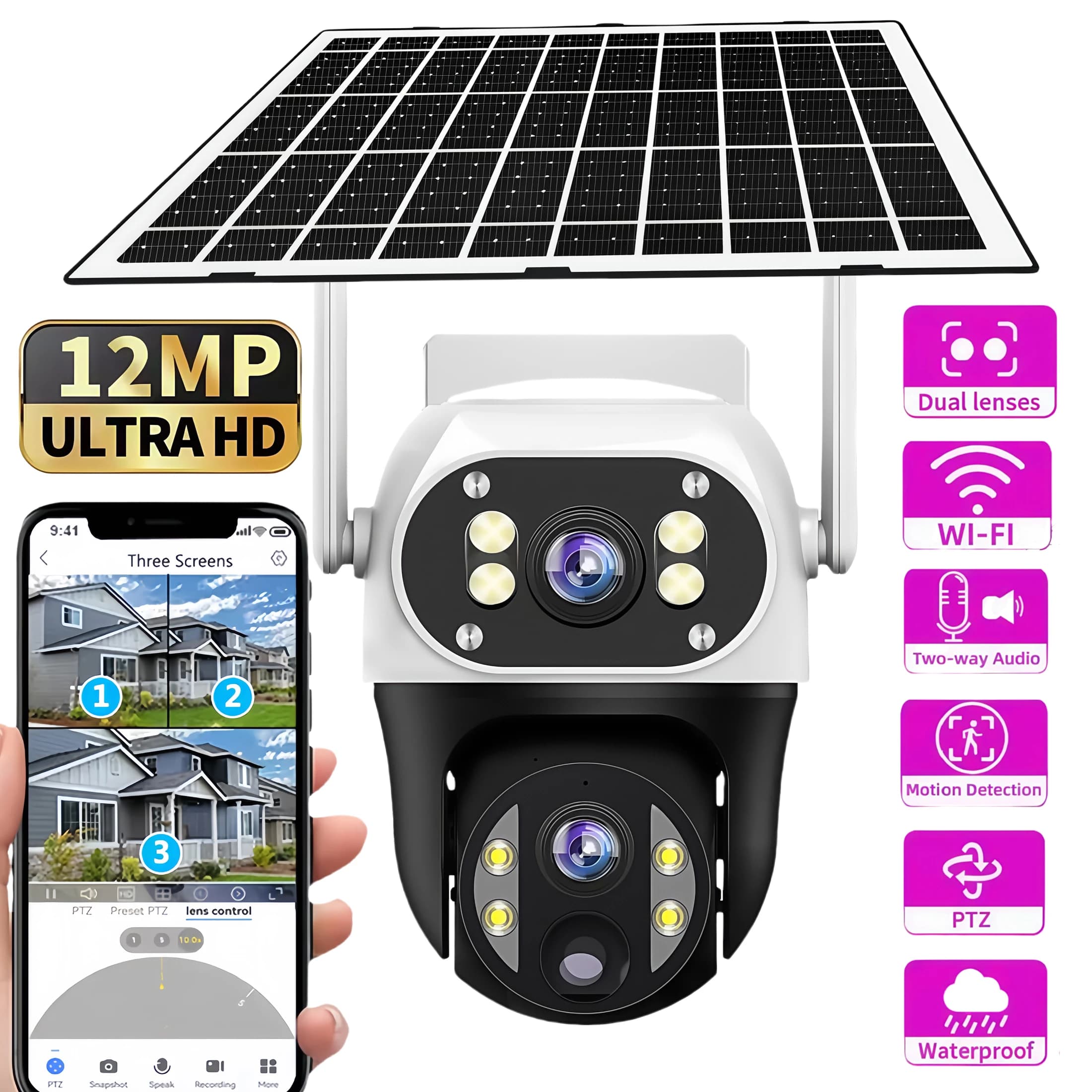 V380 12MP 3 lenses WiFi IP Solar camera PIR Human detection Night vision Waterproof Camara 6K Battery CCTV Monitor