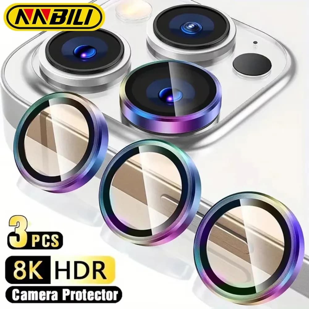 NNBILI 3 pieces for IPhone11 12 13 14 15 16 Pro Max mini aluminum alloy metal with protection for camera lens to cover total tempered glass