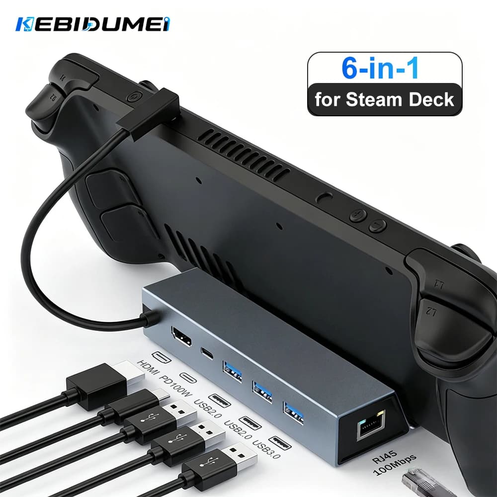 KEBIDUMEI Docking Station USB C per Steam Deck ROG Ally 6 porte RJ45 PD100W USB 3.0 HUB 5Gbps Splitter USB per PC Laptop Macbook