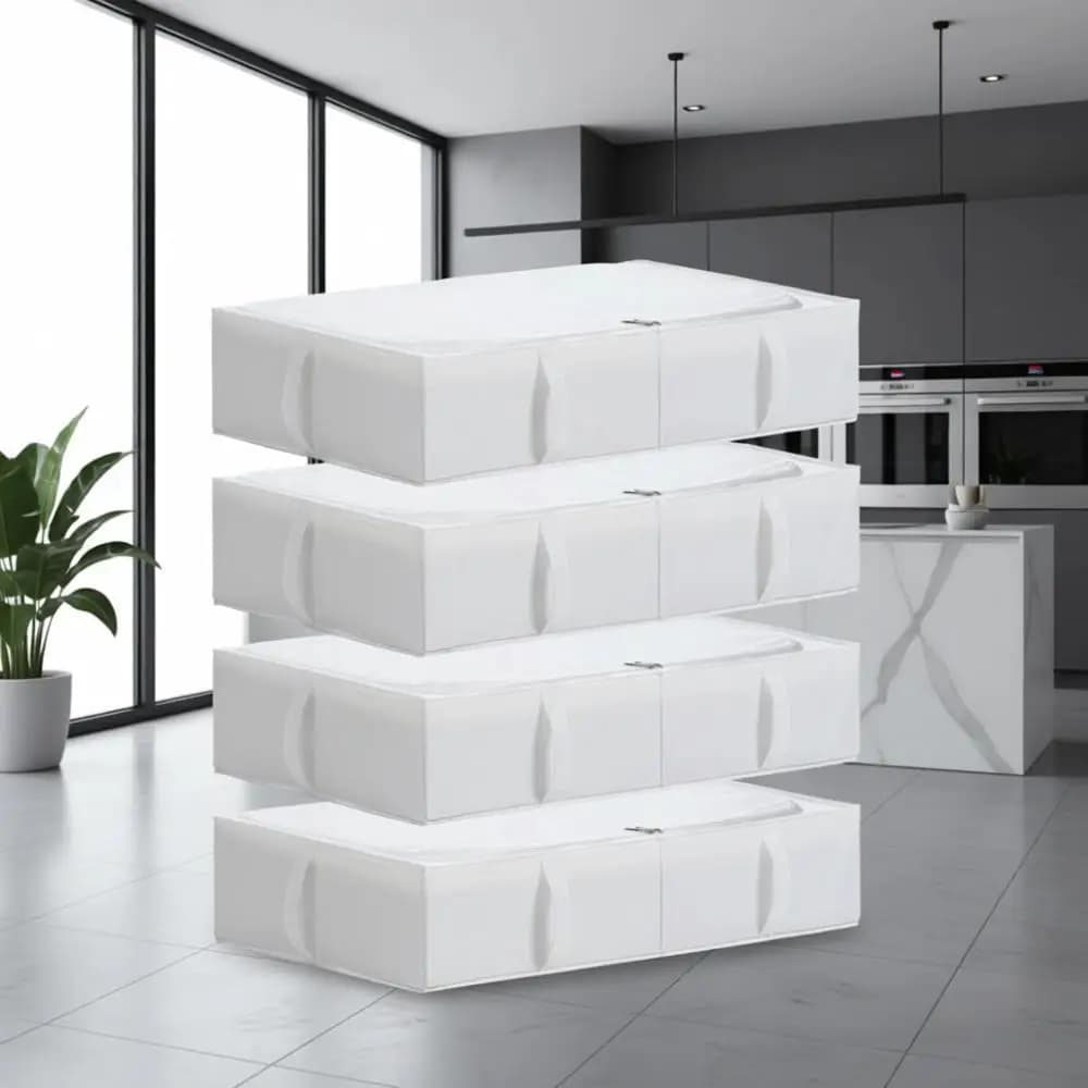 Scatole Pieghevoli per Organizzazione Sotto il Letto, Tessuto Resistente, Lavabili, Set da 4, 27.5x16.5x7 Pollici, Bianche