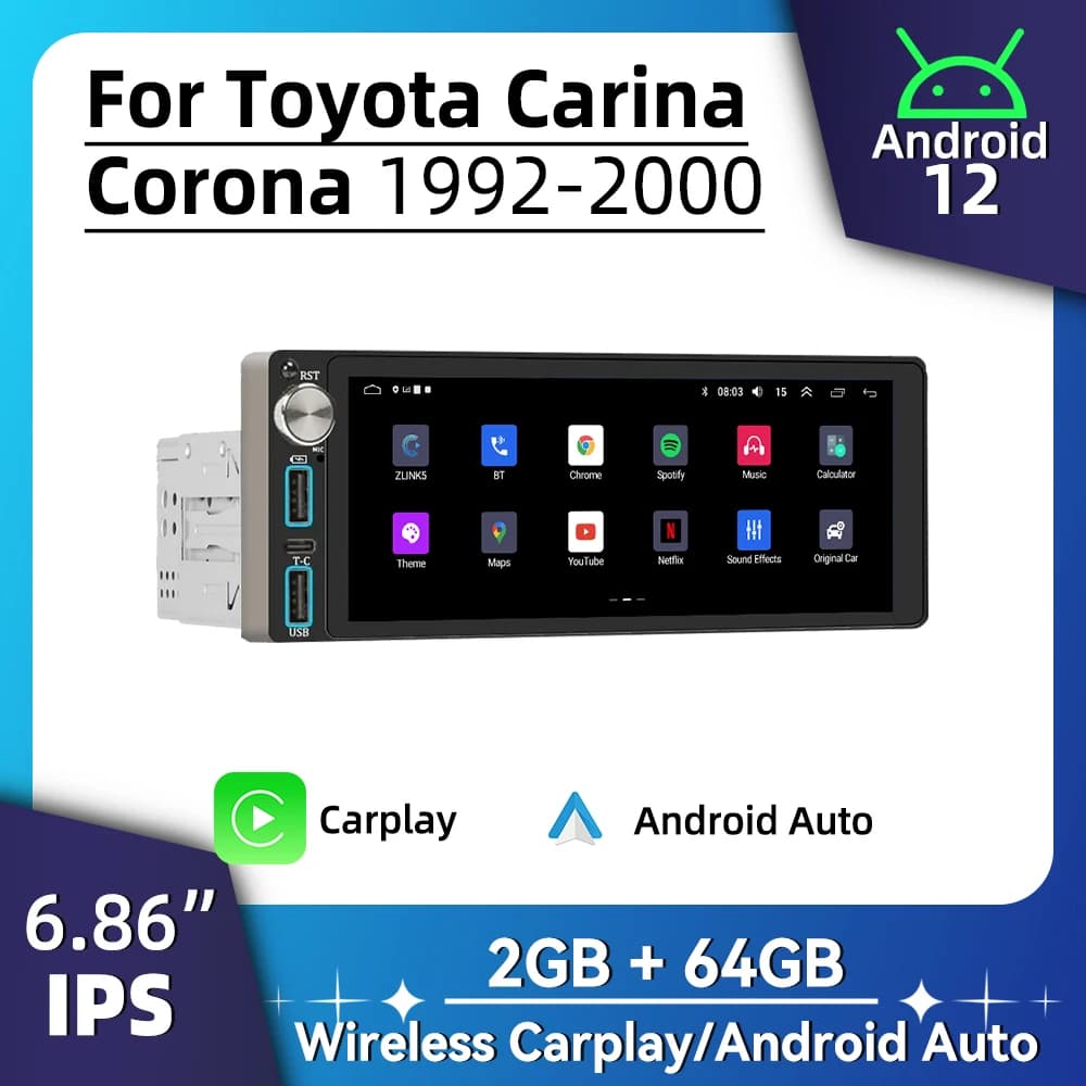 Carplay Autoradio Android Car Multimedia for Toyota Carina Corona 1992-2000 6.86" 1 Din Radio Stereo Head Unit GPS Navigation