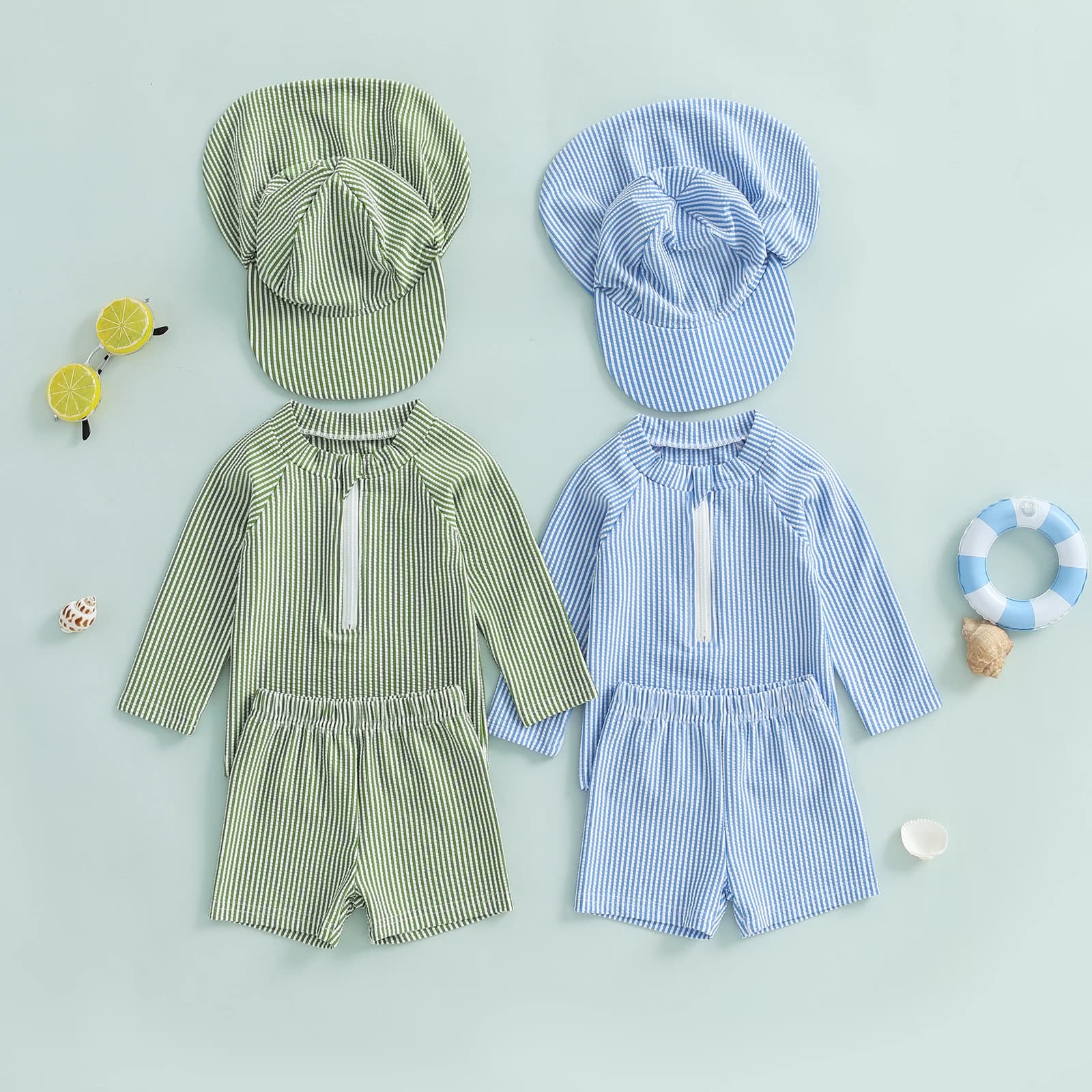 Costumi da bagno Rash Guard per bambini e neonati, a righe, a maniche lunghe, con collo a lupetto, con pantaloncini e cappello da bagno, costume da bagno per bambini