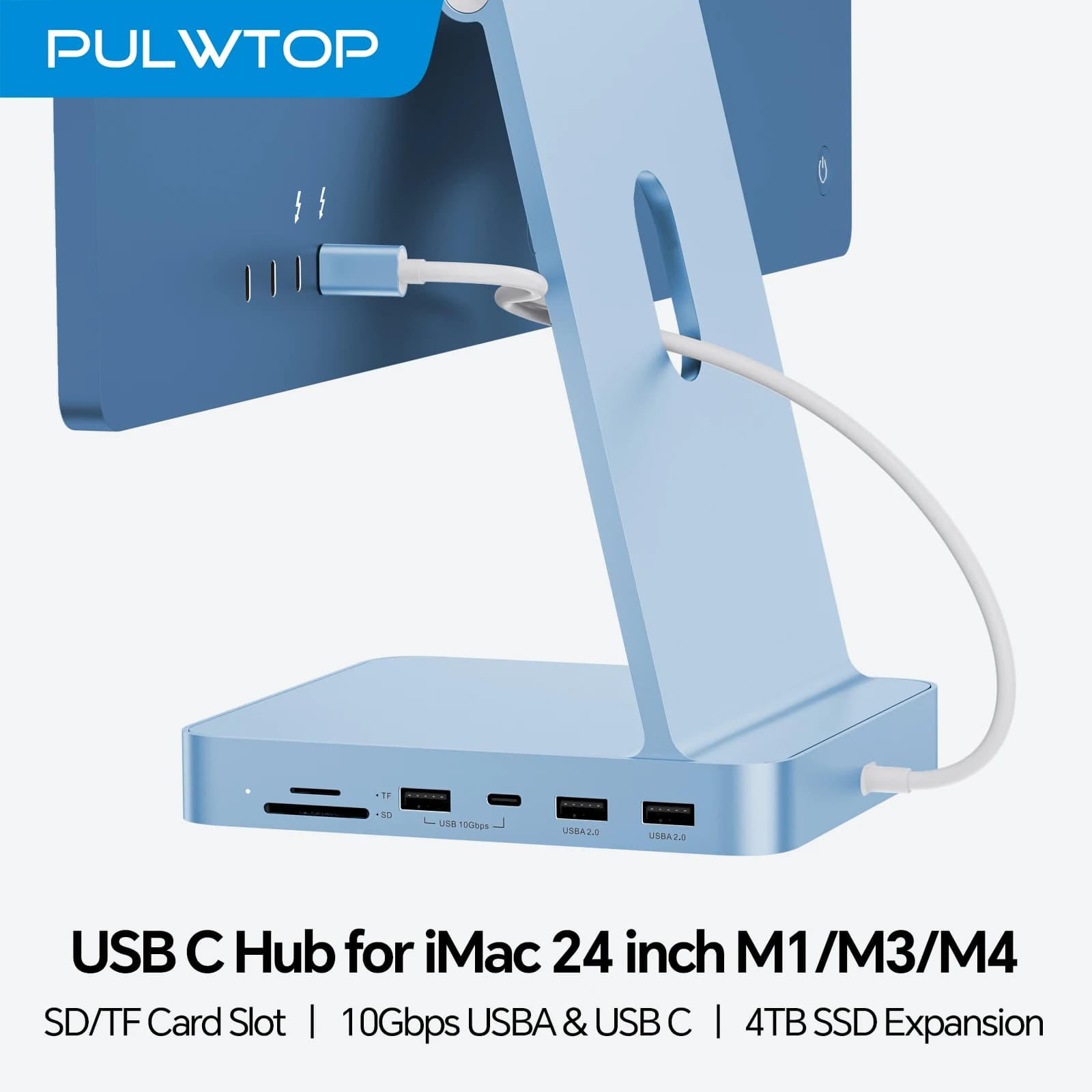 HUB USB C PULWTOP per iMac M1/M3/M4 con USB C 10 Gbps, USB A SD/TF, supporto per stazione di aggancio Espandi SSD M.2 (non incluso)