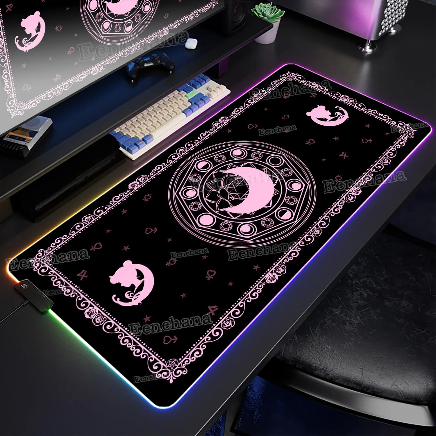 Carte dei tarocchi nere RGB Tappetino per mouse Sailor Moon Tappetino per tastiera a LED Retroilluminazione Accessori per giochi per PC di grandi dimensioni Tappetino per ufficio per laptop