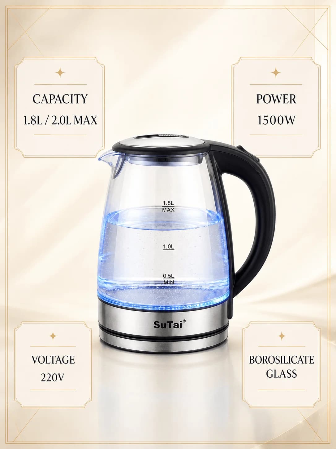 1.8L Glass Electric Kettle 1500W Fast Boil BPA‑Free Blue LED Light Auto Shut‑Off Boil‑Dry Protection Water Boiler for Home Tea C