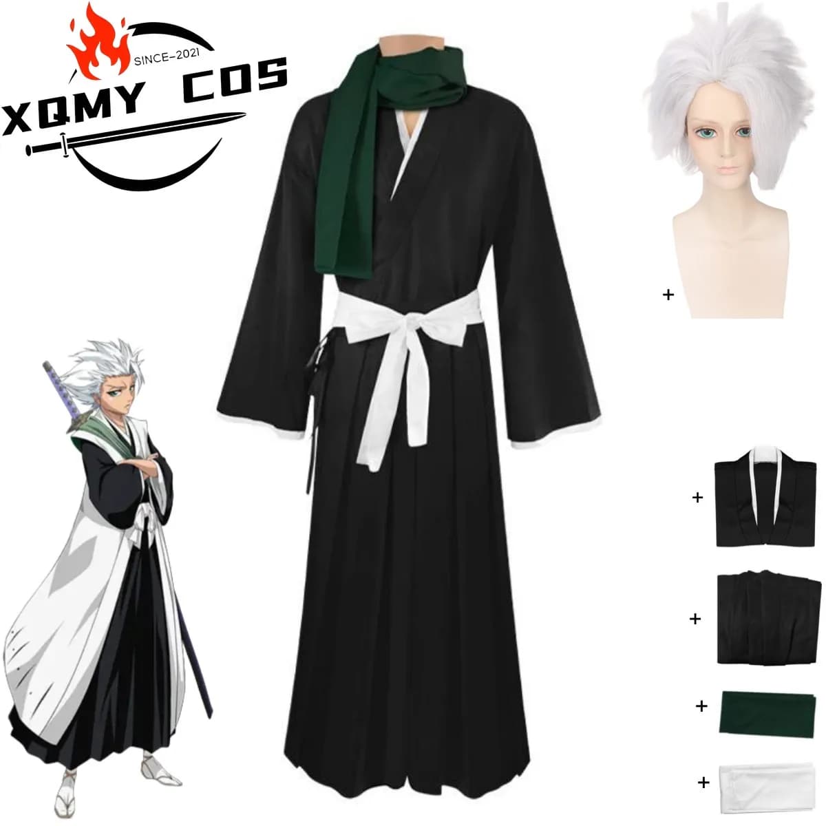 XqAnime Bleach Hitsugaya Toushirou Costume Cosplay Gotei 13 Capitano Kimono giapponese Accappatoio Sciarpa Parrucca Uomo Donna Vestito di Halloween