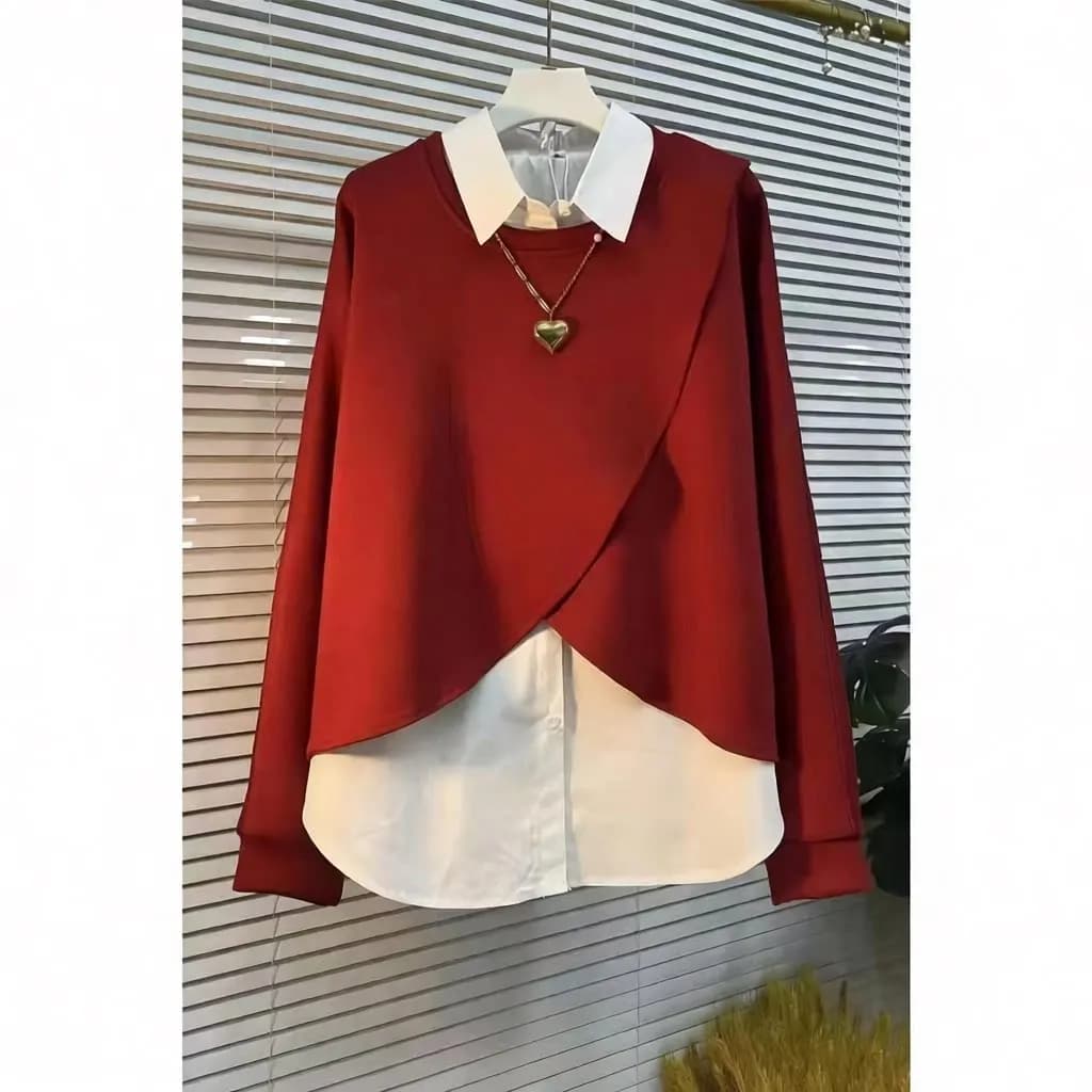 Camicia Chic Asimmetrica Taglie Forti Nuovo Stile Primaverile Effetto Due Pezzi Sottile ed Elegante da Donna a Maniche Lunghe per il Business