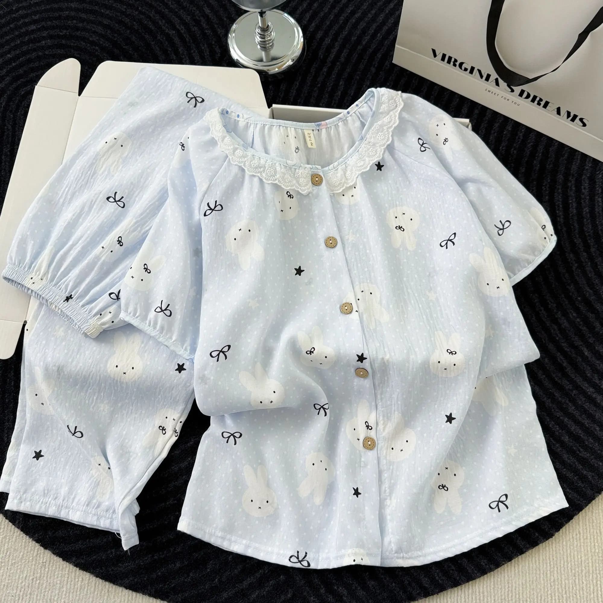 Rabbit PJ Set Kawaii Collar With Lace Cotton Pajama Sets Shoujo Women 2026 Summer Y2K Soft Sleepwear T-shirt Pants PJS Homewear