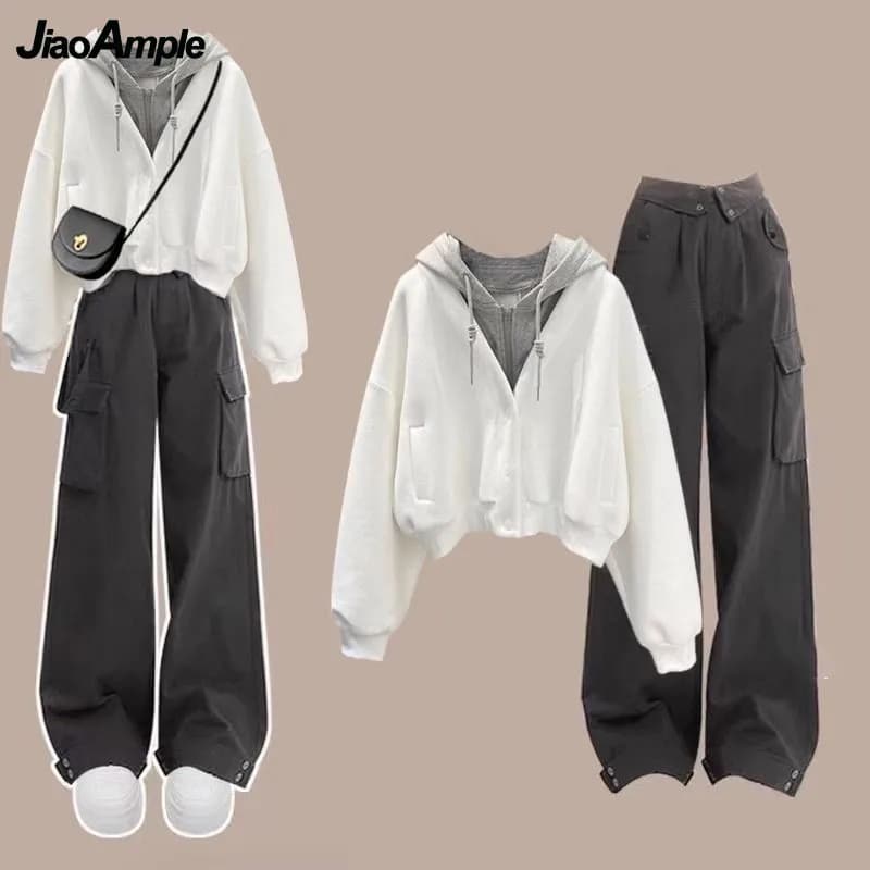 Women's Spring Autumn New Tracksuit Matching Set Korean Elegant Fake Two-piece Hoodie+casual Cargo Pants Suit Girl Trousers Set
