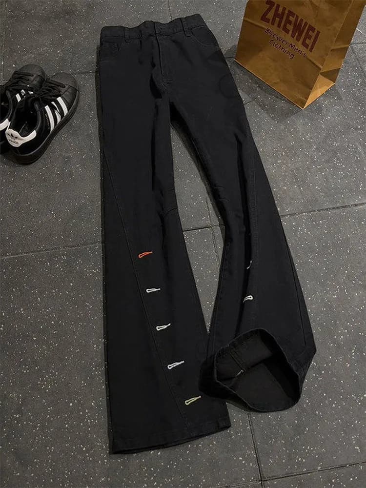 Jeans Neri da Uomo con Taglio Obliquo e Ricami, Vita Alta, Gamba Dritta, Slim Fit, Stile Americano, Denim Cleanfit