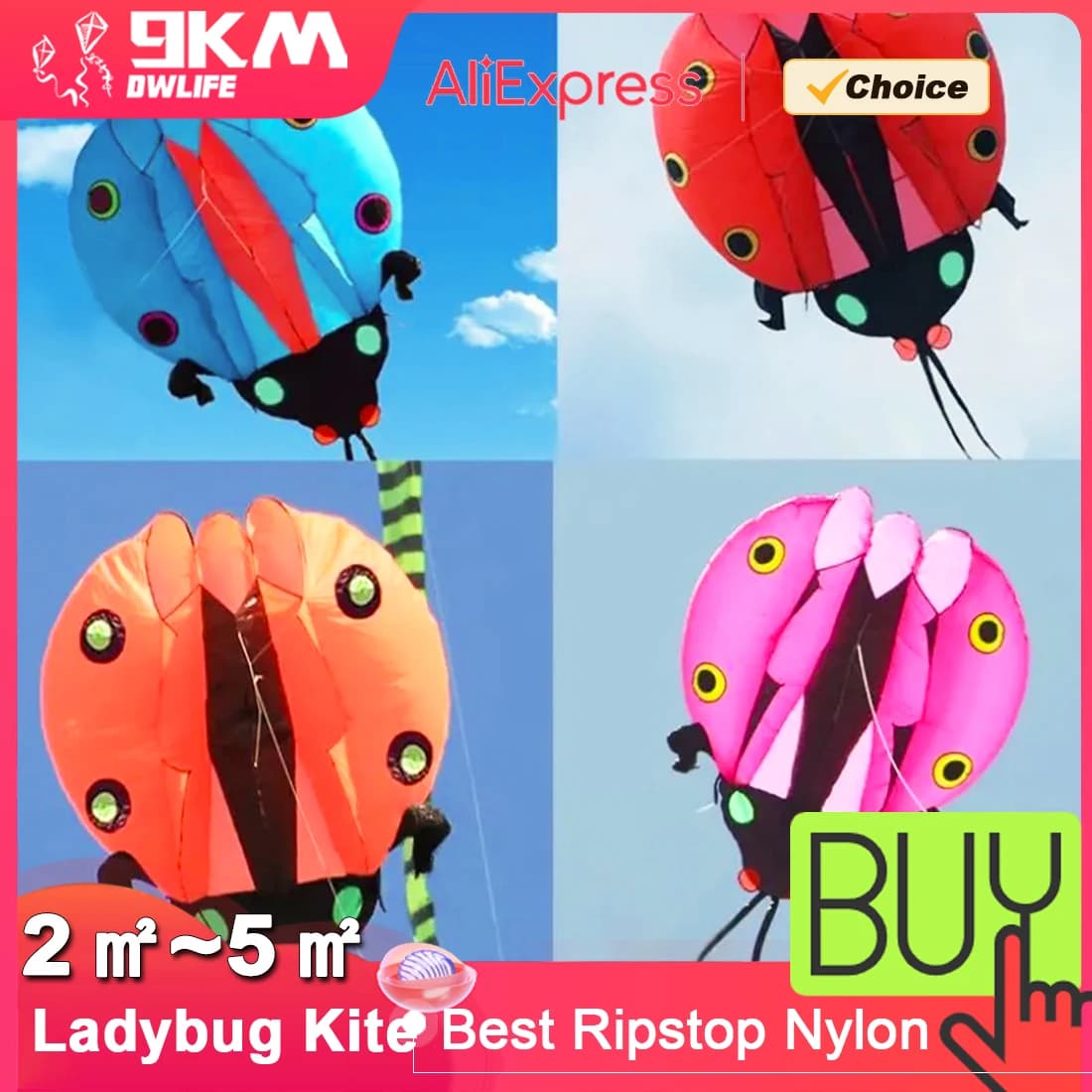 9KM 2-5 ㎡ Aquilone Gonfiabile Morbido Ladybug Pilot Lifter, Aquilone a Linea Singola in Nylon Ripstop 30D con Borsa per il Trasporto