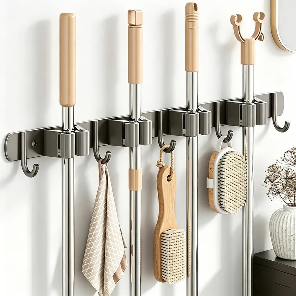 Stainless Steel Punch-Free Mop Holder Wall Mounted Broom Organizer with Hooks for Home
