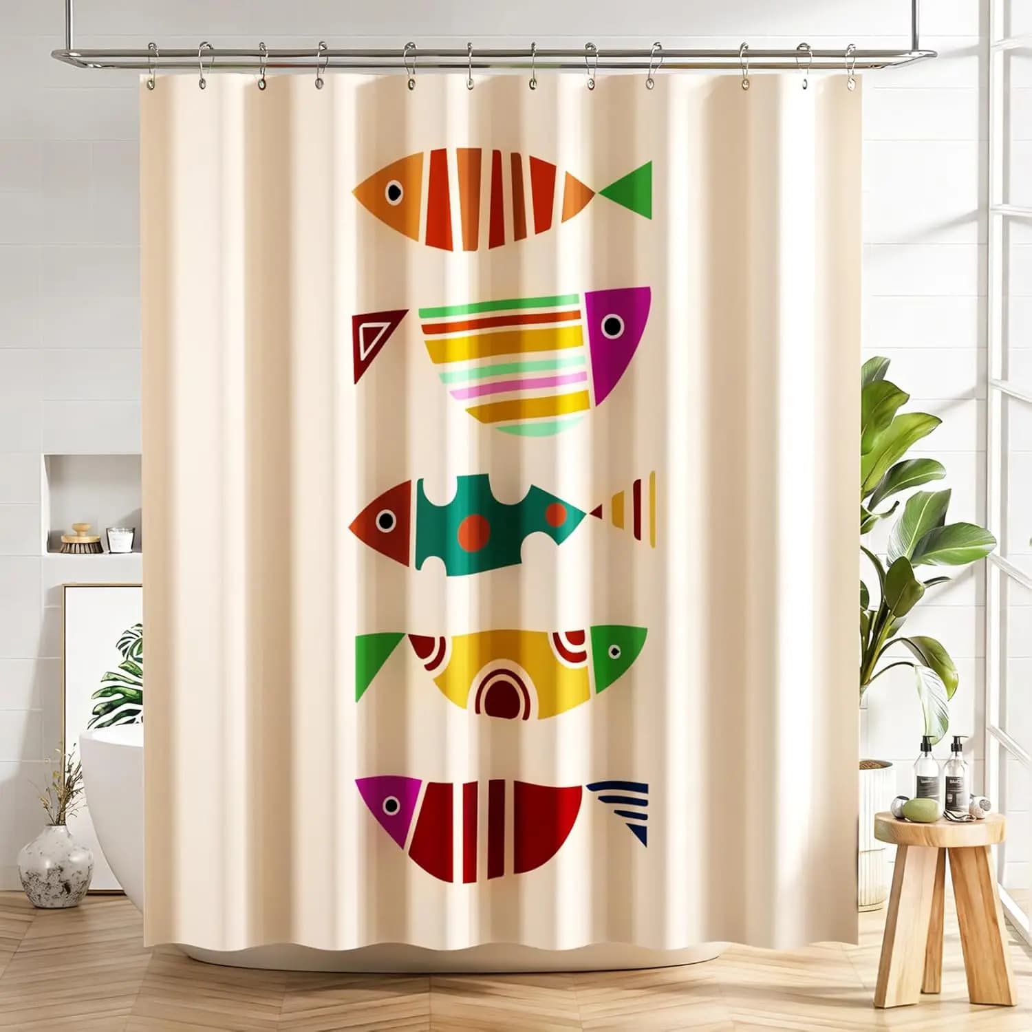 Fun Retro Fish Print Shower Curtain Polyester Waterproof Bathroom Decoration Tropical Animal Motif Curtain Liner