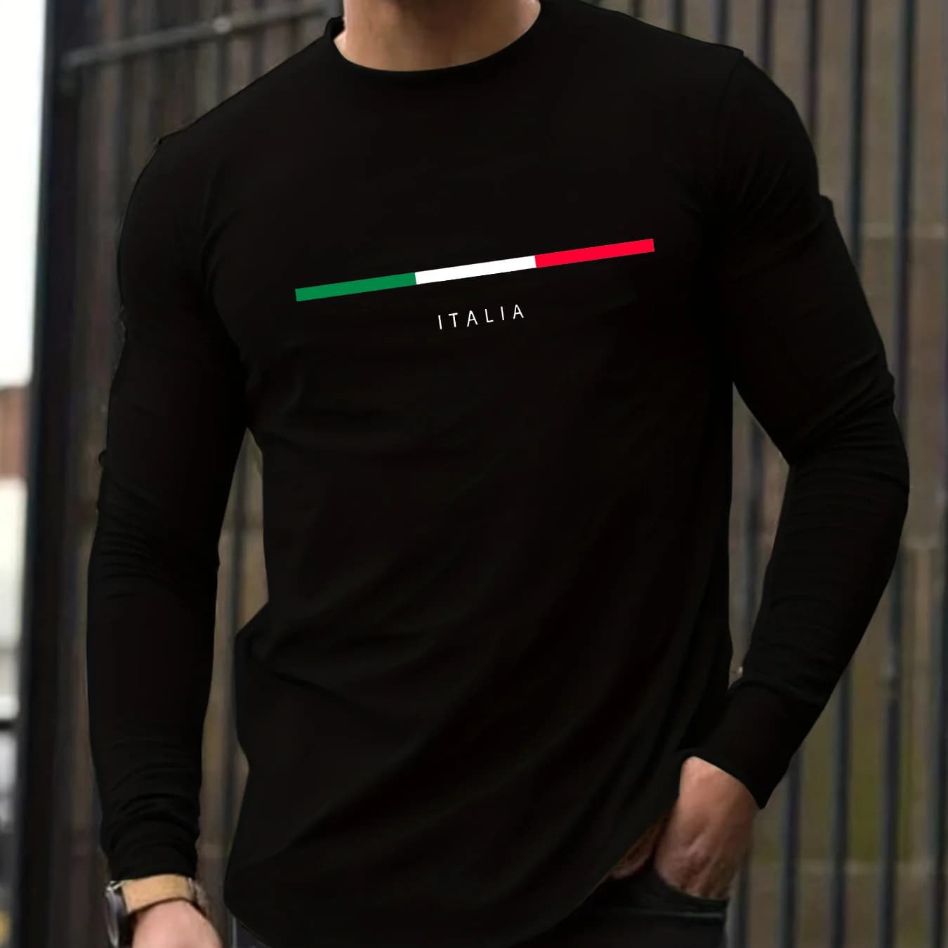 100% Pure Cotton Crew Long Sleeved Men's Casual T-shirt with Spring and Autumn Printed ITALY Pattern