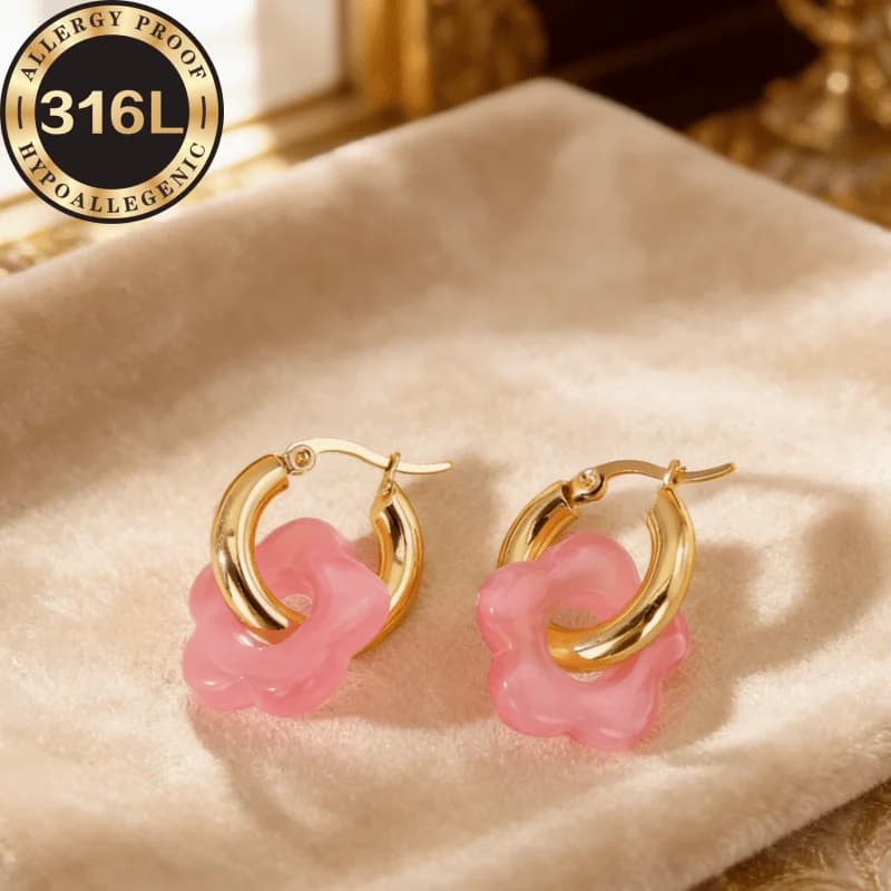 Stainless steel anti-allergic earrings, peach powder crystal rhyme color, simple and atmospheric design, anti-fading and