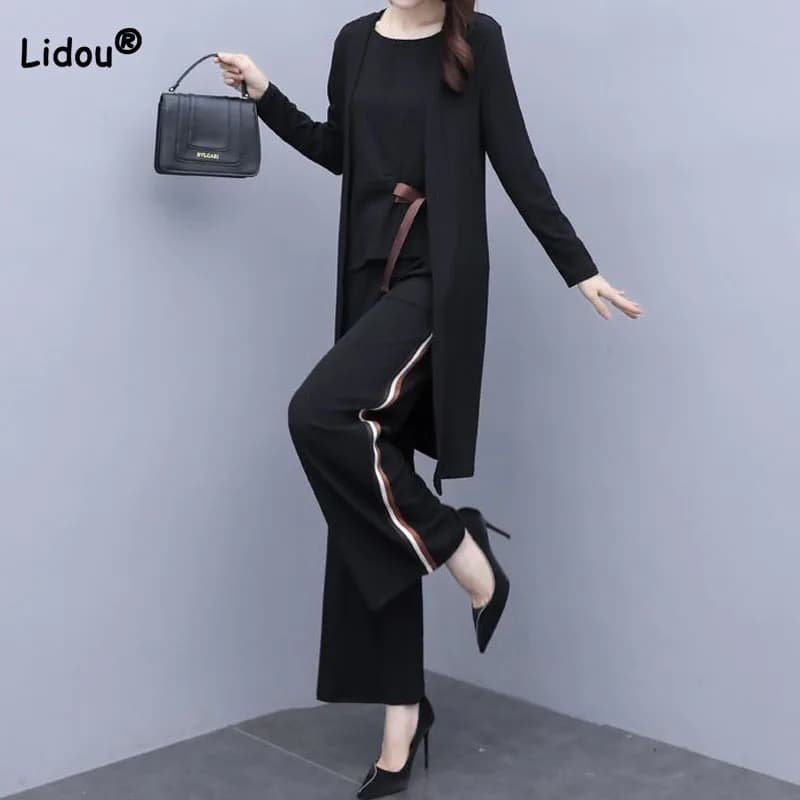 Office Lady elegante tinta unita gamba larga Set di pantaloni 2023 nuova primavera estate manica lunga Casual tre pezzi Set abbigliamento donna