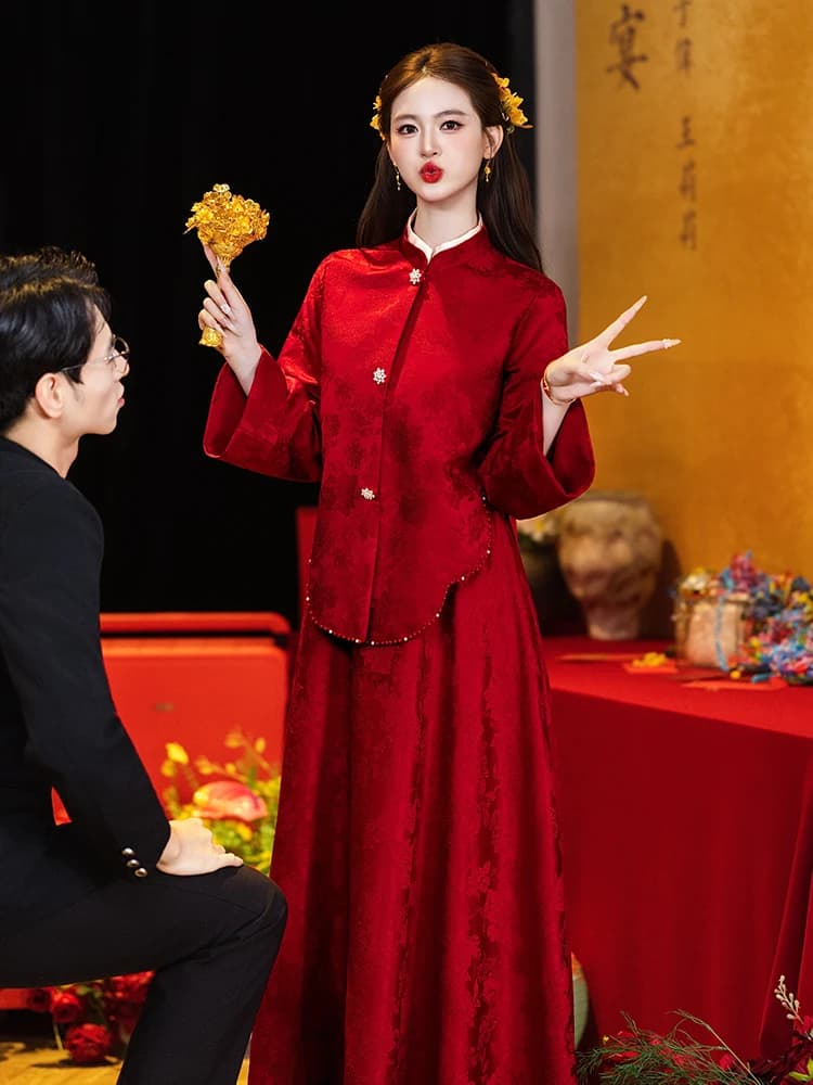 High Waist Maternity Qipao Wedding Dress Red Two-Piece Set for Pregnant Women Winter Wear Comfortable plus Size Evening Gown