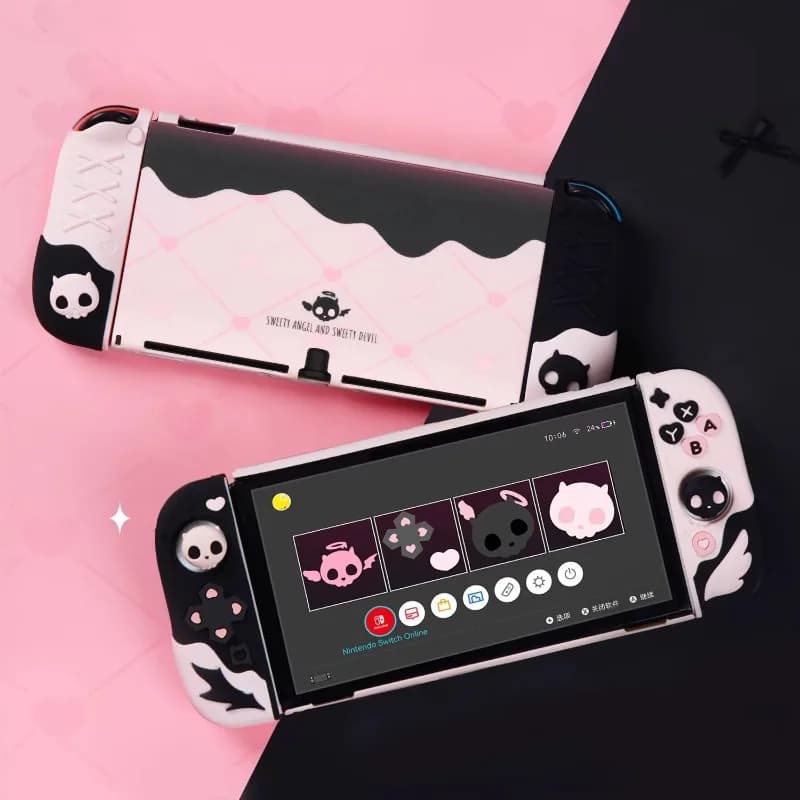 Sweety Angel Devil Custodia rigida protettiva per guscio posteriore per Nintendo Switch Oled Thumb Stick Grip Cap Bottoni Copertura completa in silicone