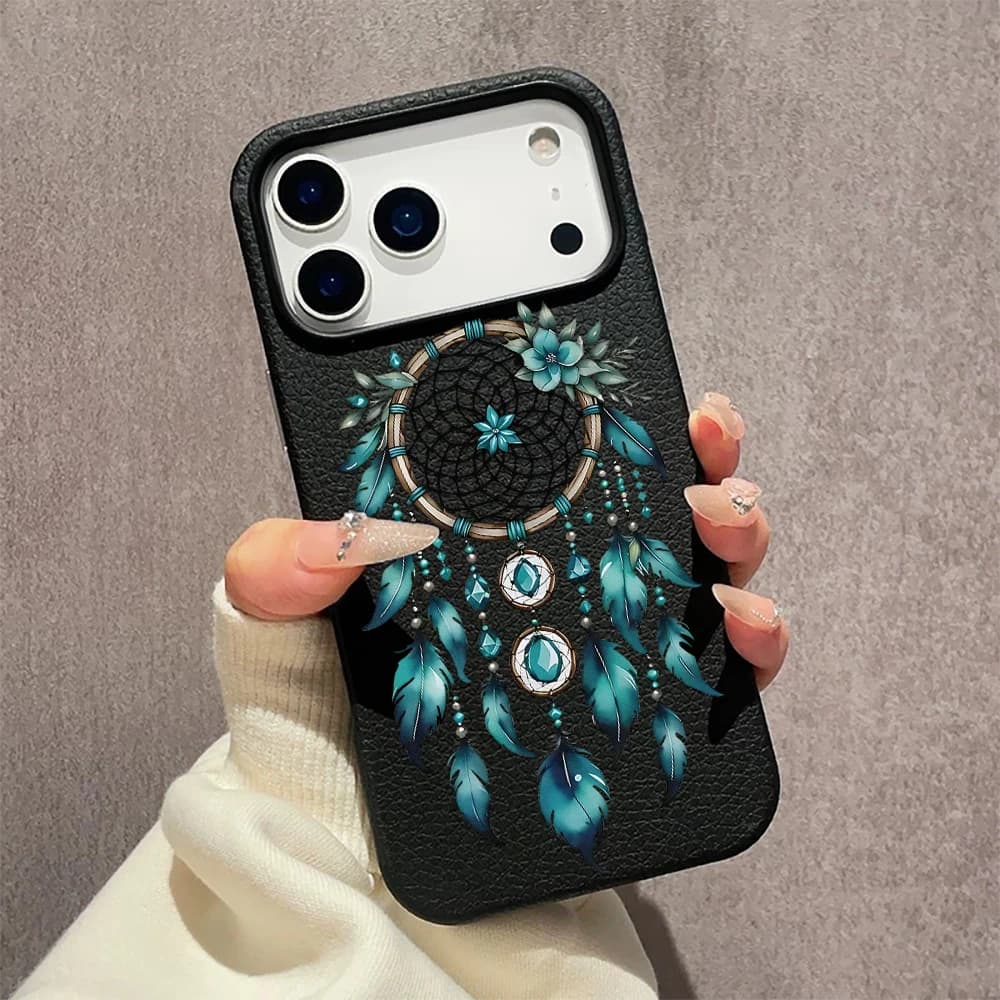 Luxury Teal Dreamcatcher Feather Phone Case TPU Soft Cover for iPhone 11 12 13 14 15 16 17 18 Pro Max