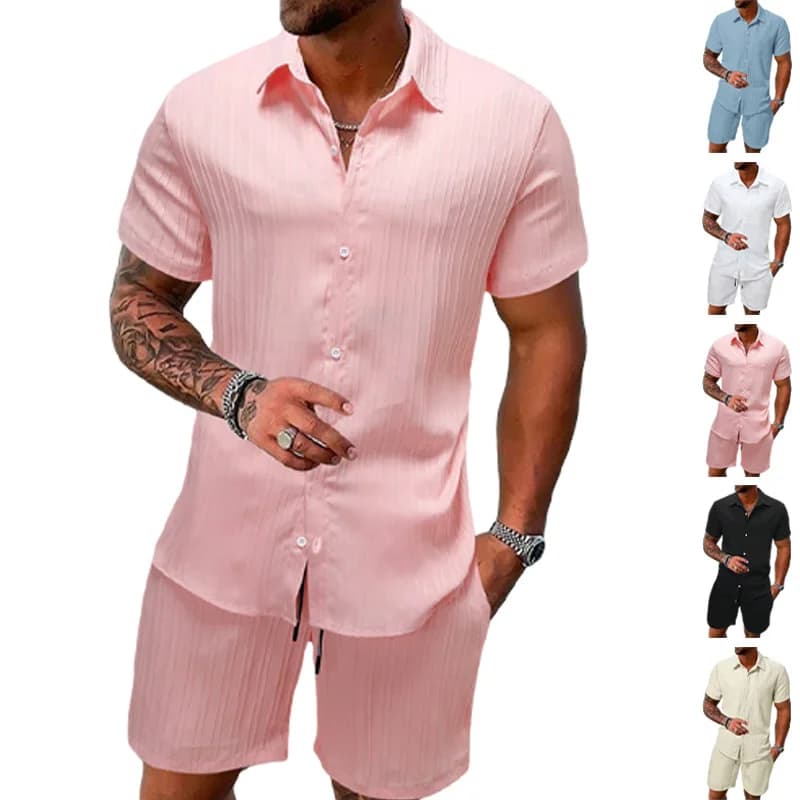 Completo Estivo da Uomo Tinta Unita Senza Colletto Camicia a Maniche Corte Cardigan Pantaloncini Casual Business