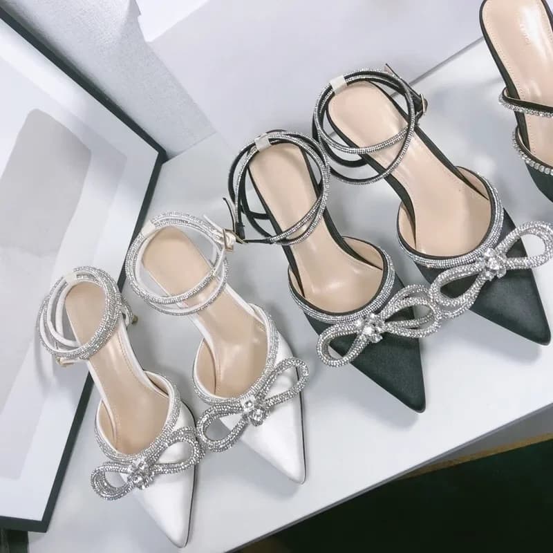 Scarpe Eleganti da Designer, Sandali da Donna in Raso con Paillettes e Strass, Fiocco Lucido, per Banchetti e Matrimoni, Tacchi Alti Professionali 6cm 8cm