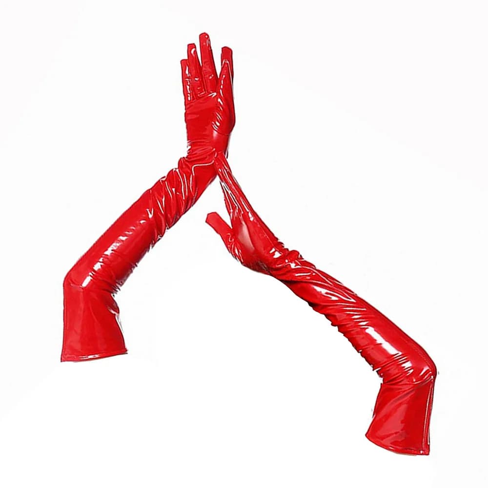 Guanti Lunghi in Pelle Lucida Rossa e Nera per Donna, Accessori per Clubwear e Cosplay, Guanti in Latex per Performance di Danza, Guanti Steampunk
