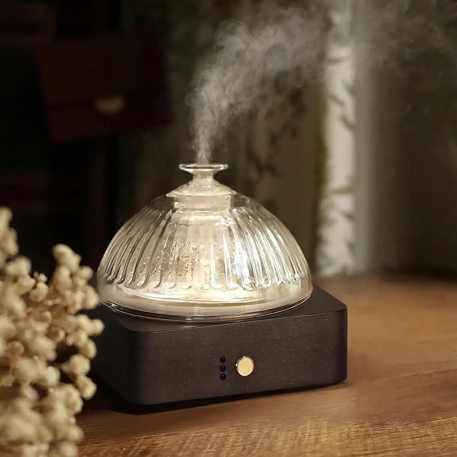 Diffusore ultrasonico in vetro da 200 ml, base in legno, timer, spegnimento automatico, luce a 7 colori, marrone scuro