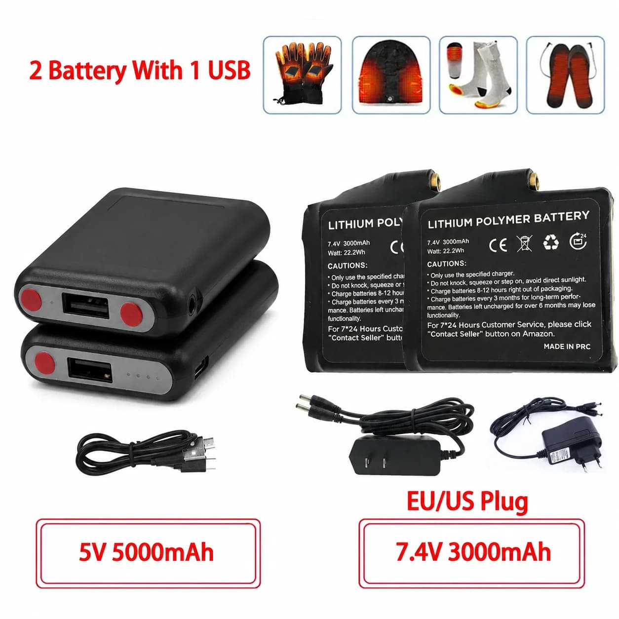 Winter Heated Socks Batteries 7.4V 3000mah/5V 5000mah Li-Polymer Battery Packs for Warm Gloves Clothes Hat Charger Power Bank
