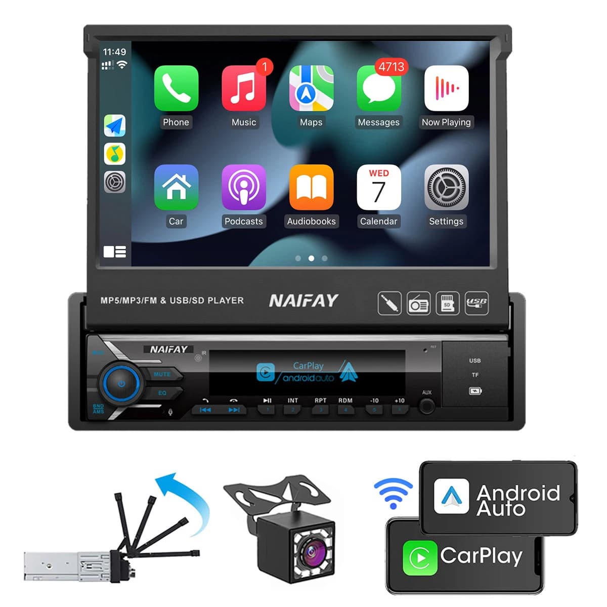 Autoradio da 7 pollici Touchscreen retrattile 1 Din Android Auto Carplay Lettore video per auto con telecamera posteriore Bluetooth USB/AUX/TF